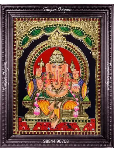 Lord Ganesha handmade Tanjore painting seated Vinayagar gold foil traditional devotional artwork